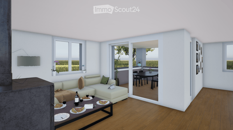 Living room with a light-colored sectional sofa, coffee table with food and drinks, large windows with a view, and a dining area visible through an open doorway.