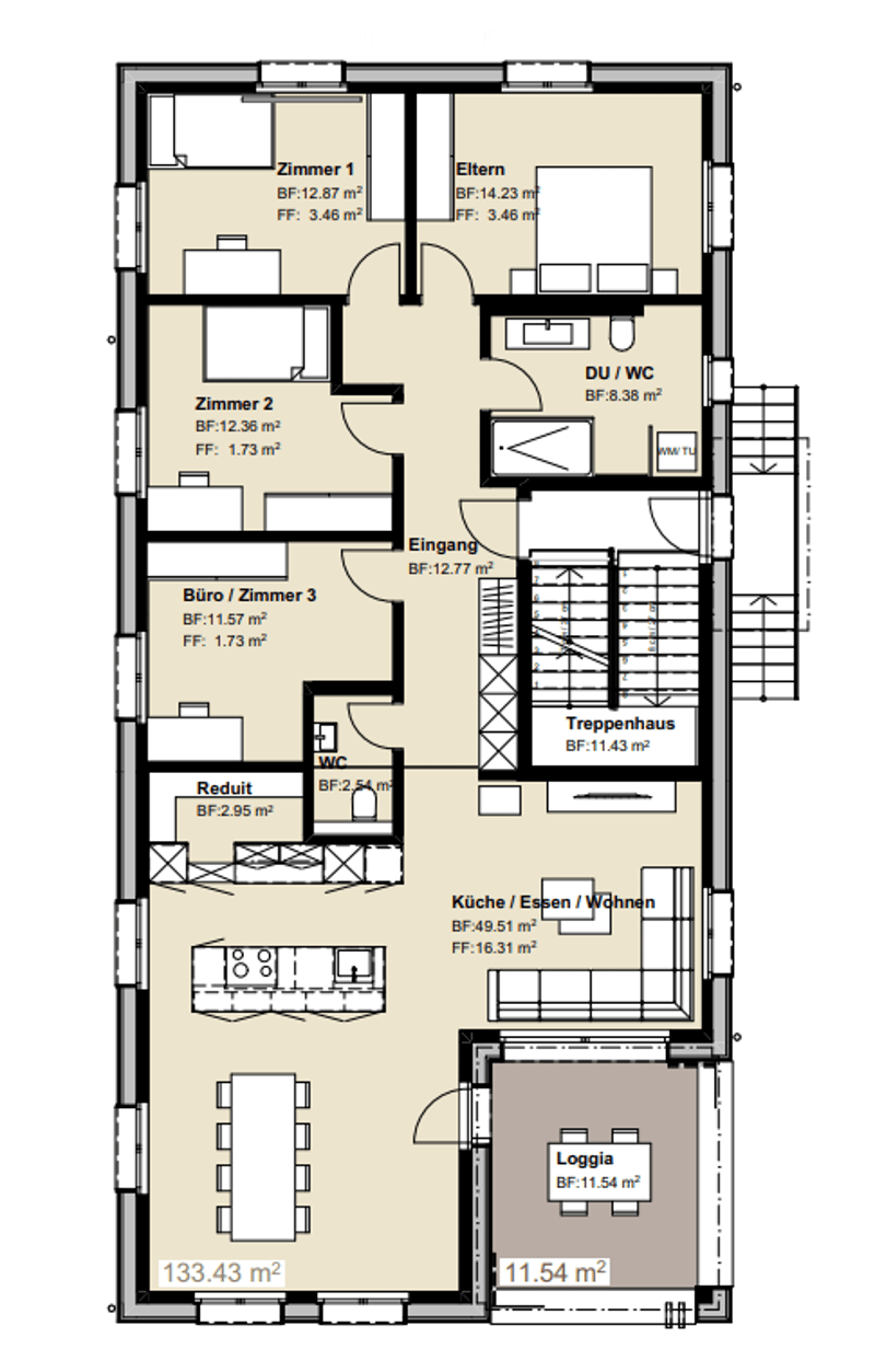 Floor plan of a 133.43 m² apartment with 4 bedrooms, 2 bathrooms, kitchen, living/dining area, hallway, staircase, and loggia.