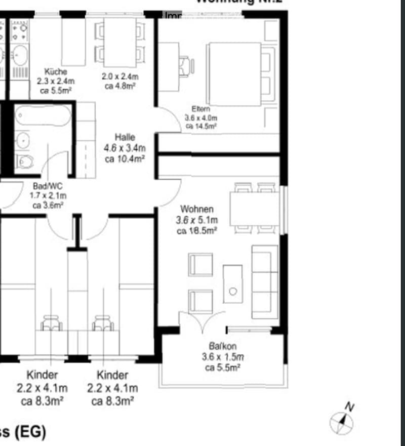 Floor plan of a 2-room apartment with kitchen, living room, hallway, two bedrooms, and a balcony.