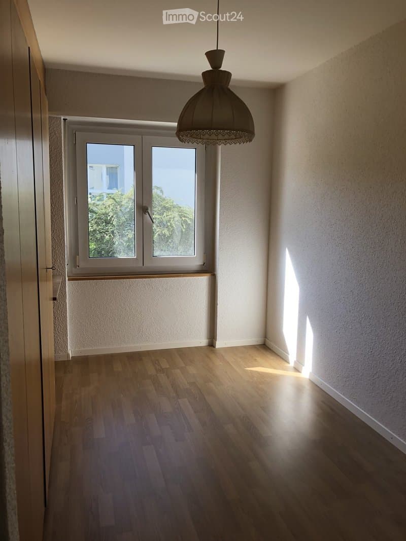 Empty room with wooden flooring, white walls, and a large window with double glass panes. A hanging pendant light fixture is visible, and the space is well-lit with natural light.