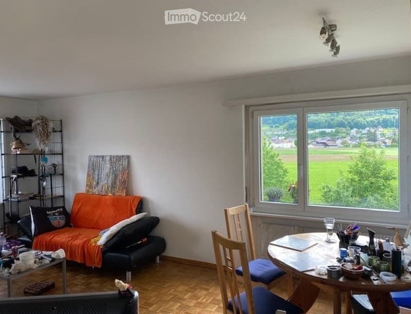 A cozy living and dining area with a view of a green landscape. Features include a wooden floor, a large window, an orange sofa with pillows, a dining table with chairs, and a shelf with decorative items.