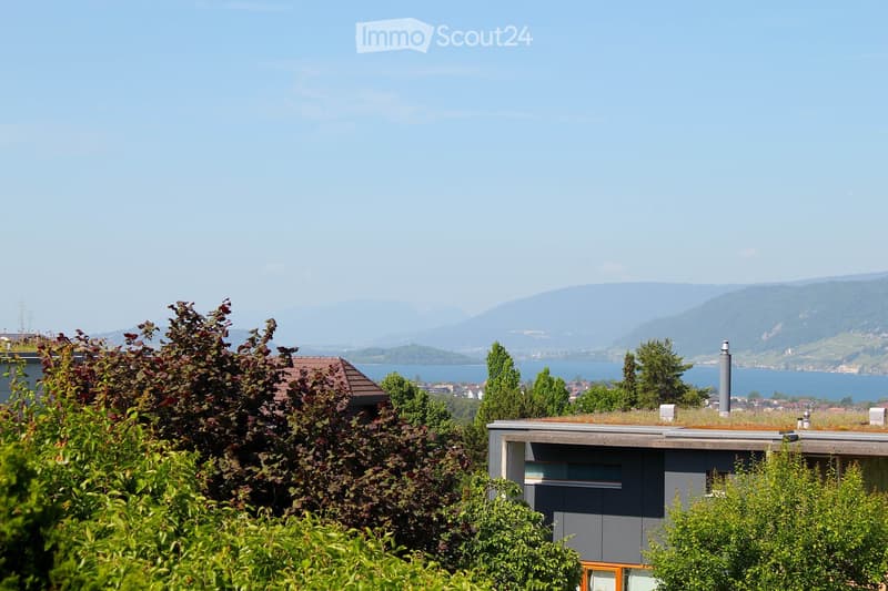 Modern house with flat roof and contemporary design, surrounded by lush greenery and overlooking a scenic lake and distant mountains.