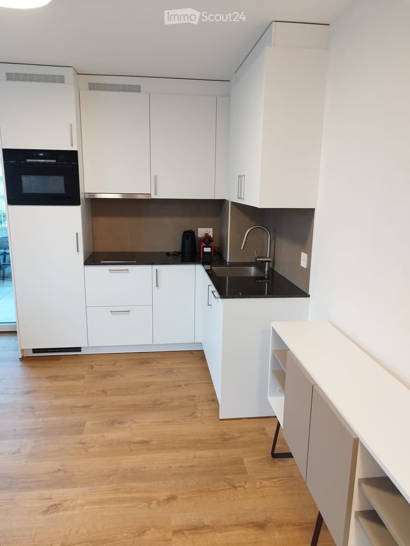 Modern kitchen with white cabinets, wooden flooring, stainless steel sink, and coffee maker on the counter.