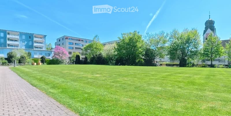 large green lawn, brick pathway, trees, bushes, buildings in the background