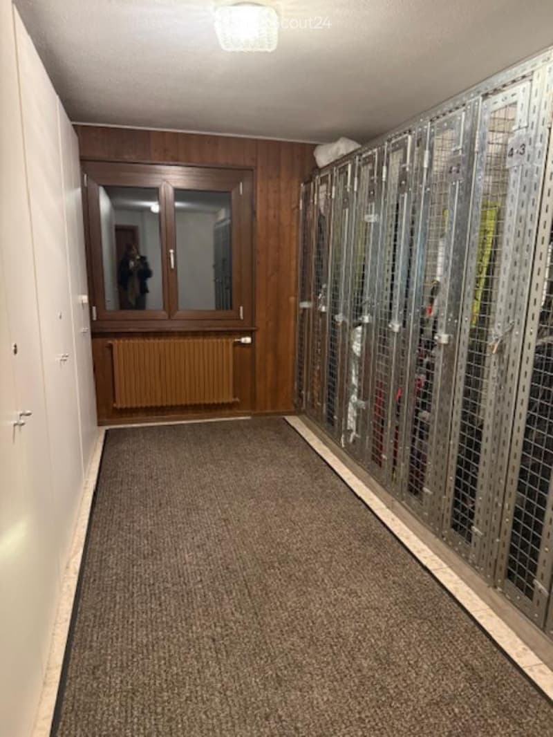 Carpeted hallway with wooden paneling, a door with glass panels, and a row of metal cages or lockers on one side.