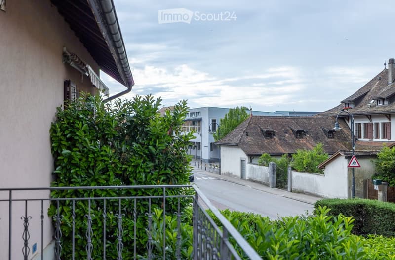 Balcony overlooking a quiet residential street with traditional houses, lush greenery, and a clear sky.