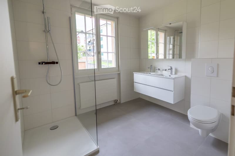Modern bathroom with white tiles, a glass-enclosed shower, a white sink with a mirror, and a toilet.
