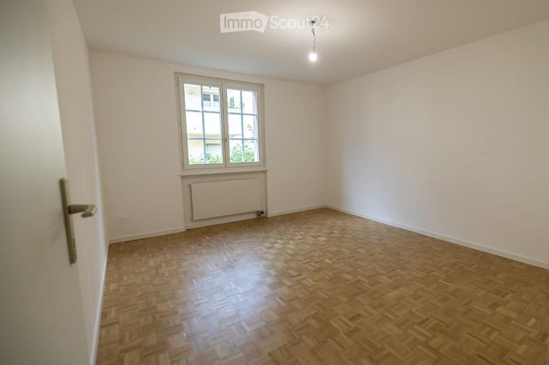 Empty room with wooden parquet flooring, white walls, a window with white frame, radiator, and a light fixture on the ceiling.