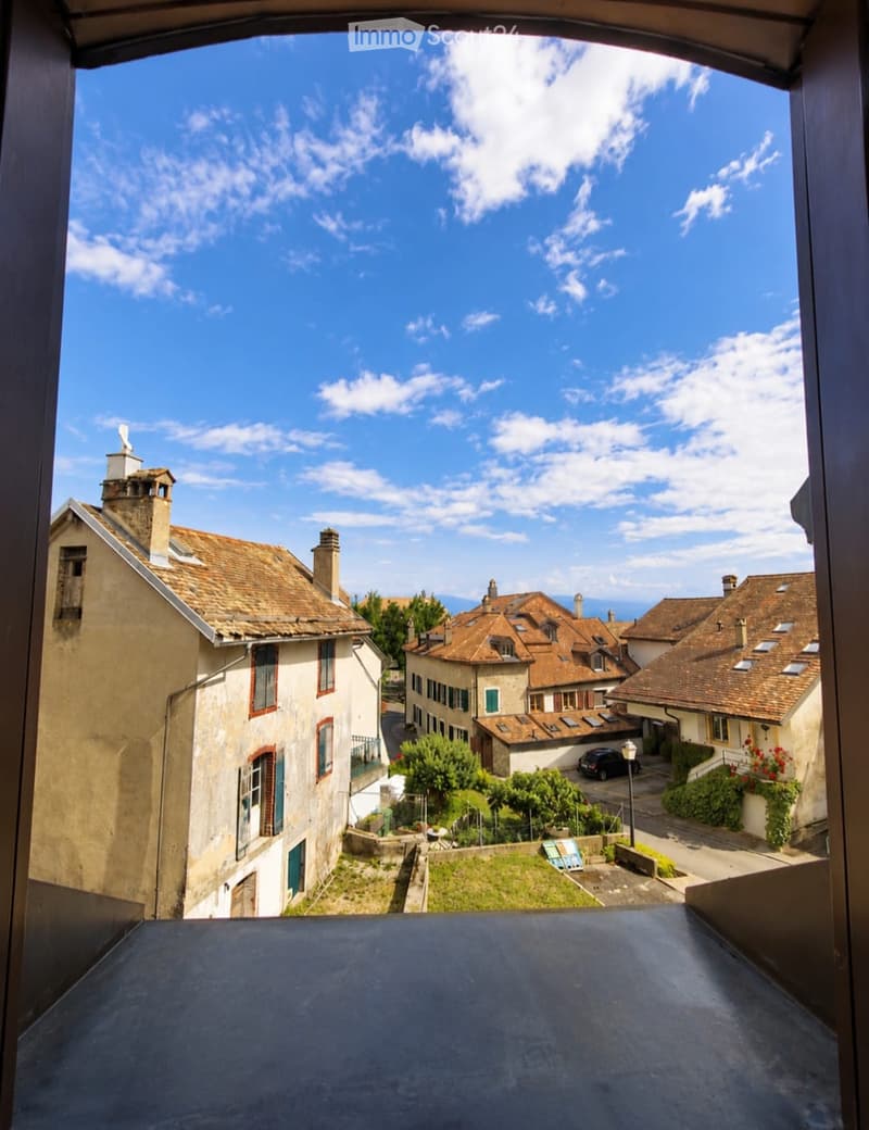 Balcony overlooking a charming village with traditional houses, tiled roofs, and a clear blue sky.