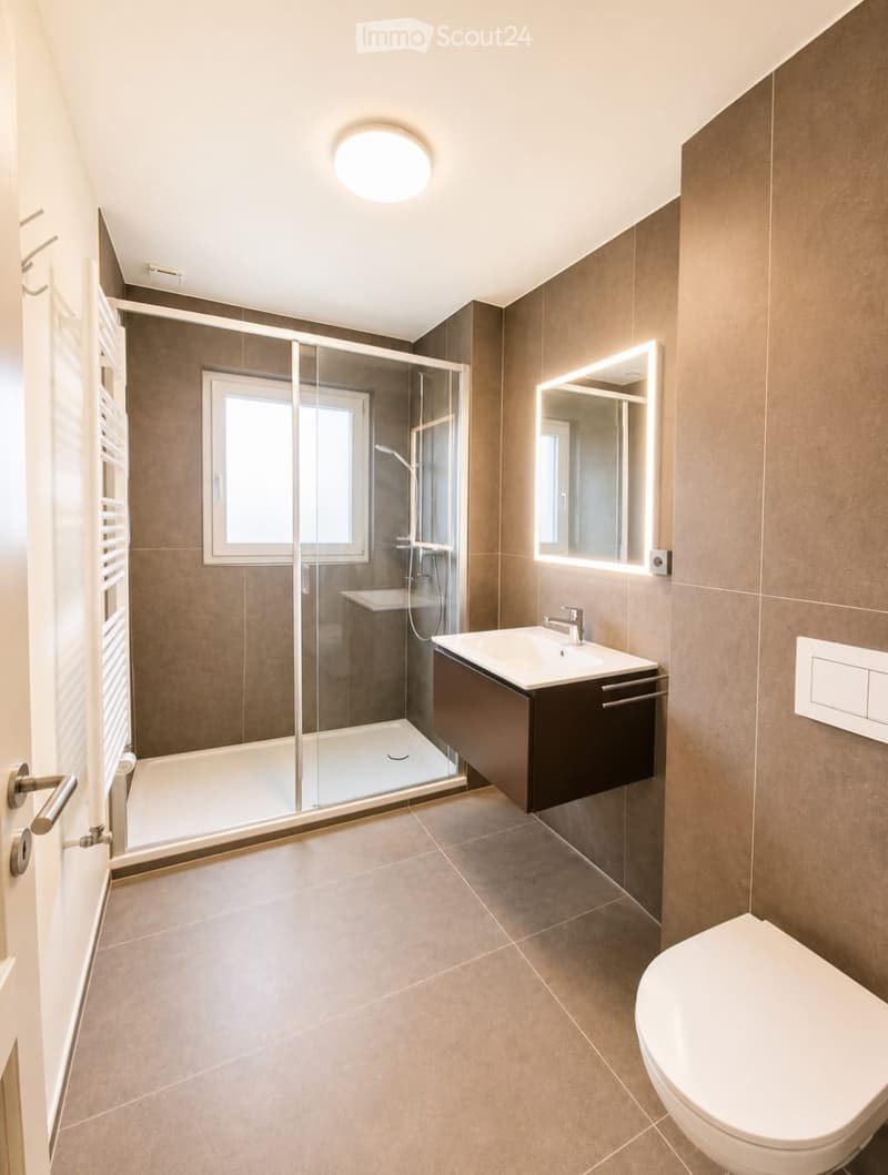 Modern bathroom with a glass-enclosed shower, a white sink with a dark cabinet, a toilet, and a towel rack. The walls are tiled in a neutral color, and the space is illuminated by a ceiling light and a mirror with built-in lighting.