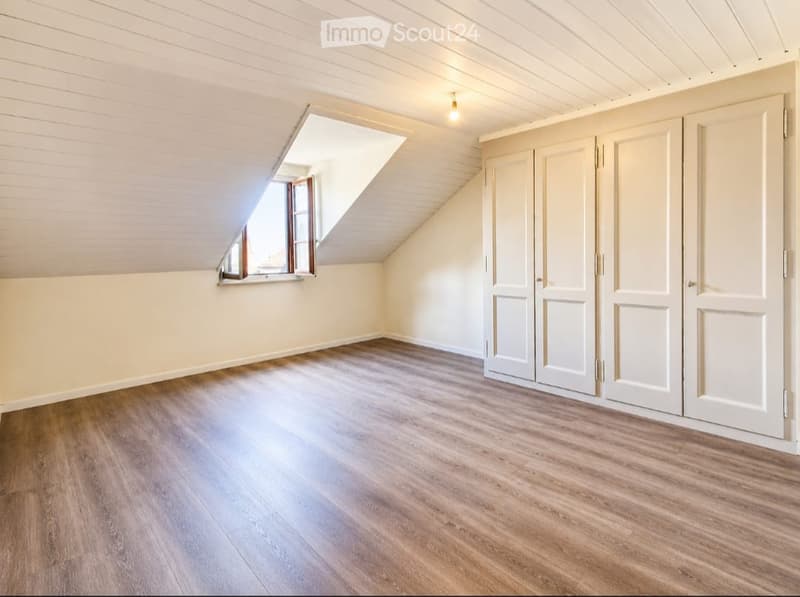 Empty attic room with wooden flooring, white walls, and built-in wardrobes. A skylight window provides natural light.