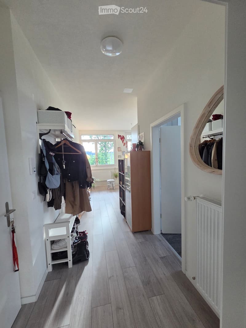 Bright hallway with wooden flooring, white walls, and built-in storage. Features coat rack, shoe shelf, and a small plant visible in the background.