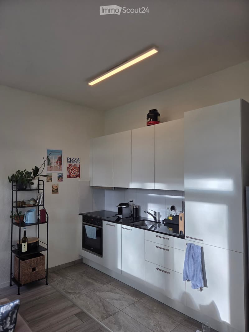 Modern kitchen with white cabinets, stainless steel appliances, and a black countertop. Features include a sink, oven, refrigerator, and a small shelf with decorative items.