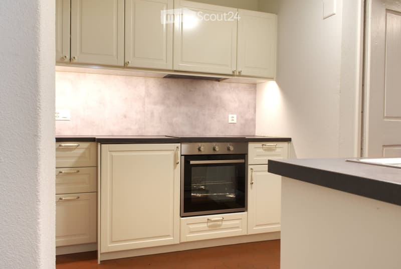 modern kitchen with white cabinets, black countertops, built-in oven and dishwasher