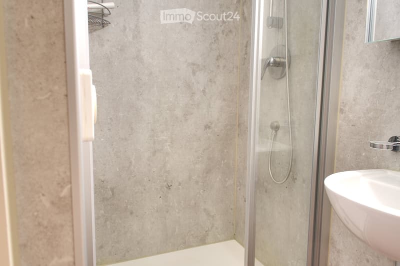 shower area with glass door, white sink, silver shower head