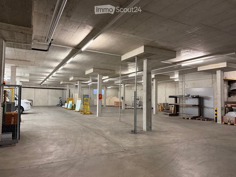 Underground parking area with concrete floors and pillars, storage items, and a parked car visible.