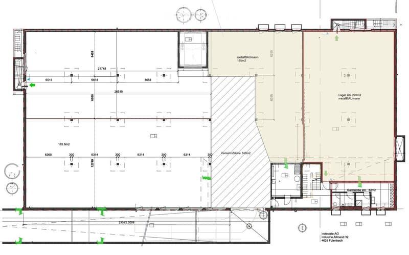 Floor plan of a commercial building showing multiple rooms and areas including a storage area, sales area, and a small room with a staircase leading to another level.