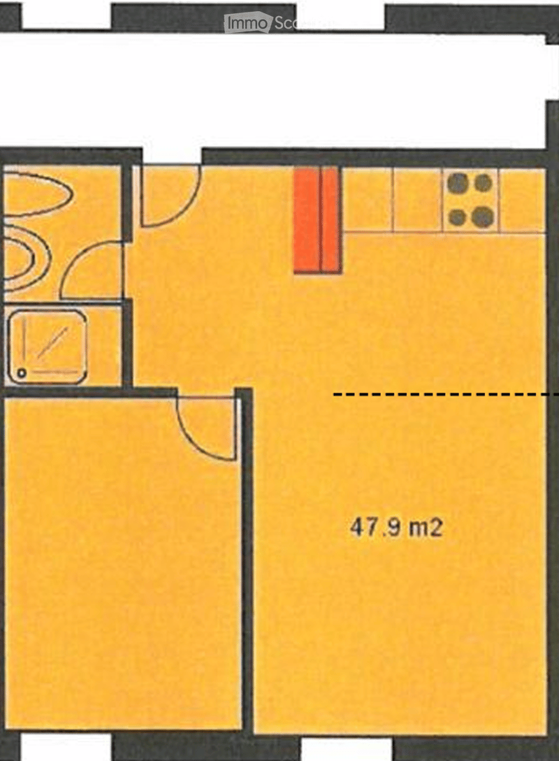 Floor plan of a 47.9 m² apartment featuring a living area, kitchen, bedroom, and bathroom.