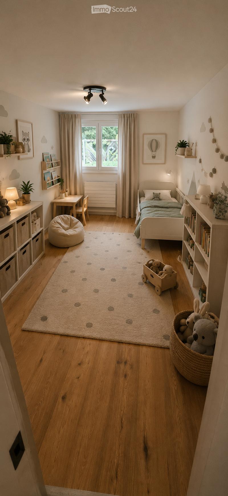Cozy children's bedroom with wooden flooring, a single bed with a green duvet, a small desk with a chair, a beanie chair, a toy cart, and shelves with books and toys.