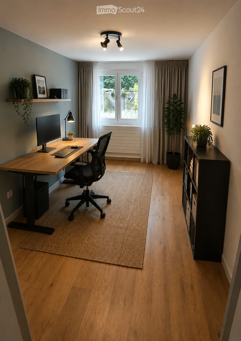 A modern, well-lit home office with a wooden desk, ergonomic chair, computer setup, and decorative plants. The room features wooden flooring, large windows with curtains, and built-in shelving.