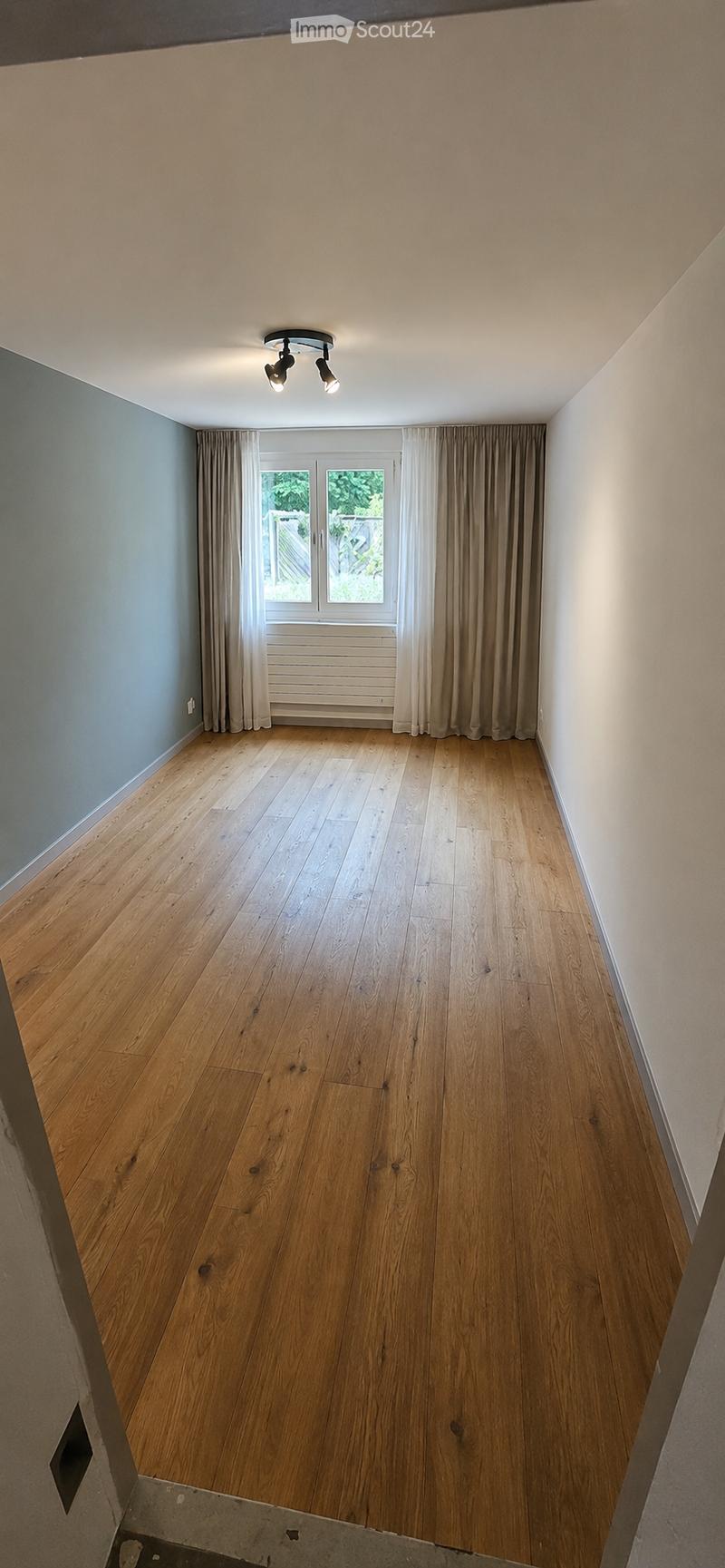 Empty room with wooden flooring, light-colored walls, and a large window with curtains. The room features a ceiling light fixture and a radiator below the window.