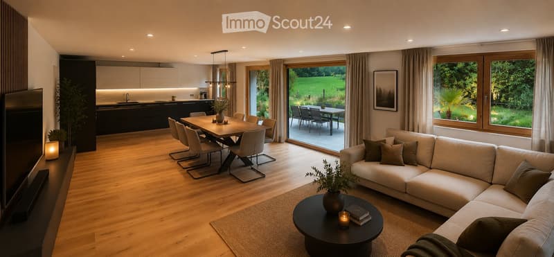 Open-plan living and dining area with a modern sofa, coffee table, dining table, and chairs. The kitchen features sleek cabinets and a sink. Large windows offer a view of a green outdoor space.