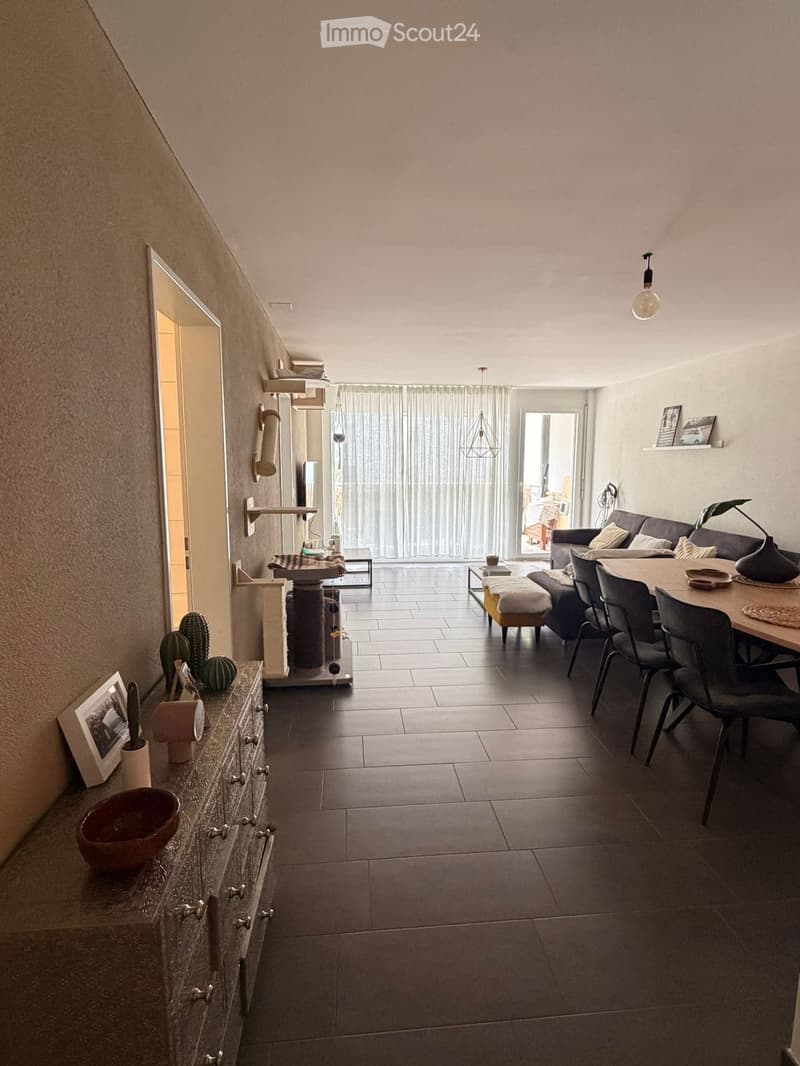 A modern, open-concept living and dining area with a dark tiled floor, a grey sofa, a wooden dining table with chairs, a cat tree, and decorative items on a cabinet.