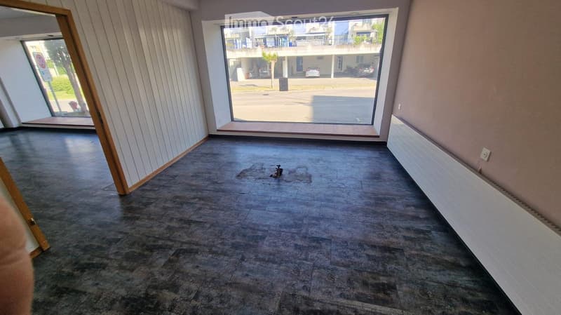 Empty room with dark tiled floor, large windows, and a radiator on one wall.