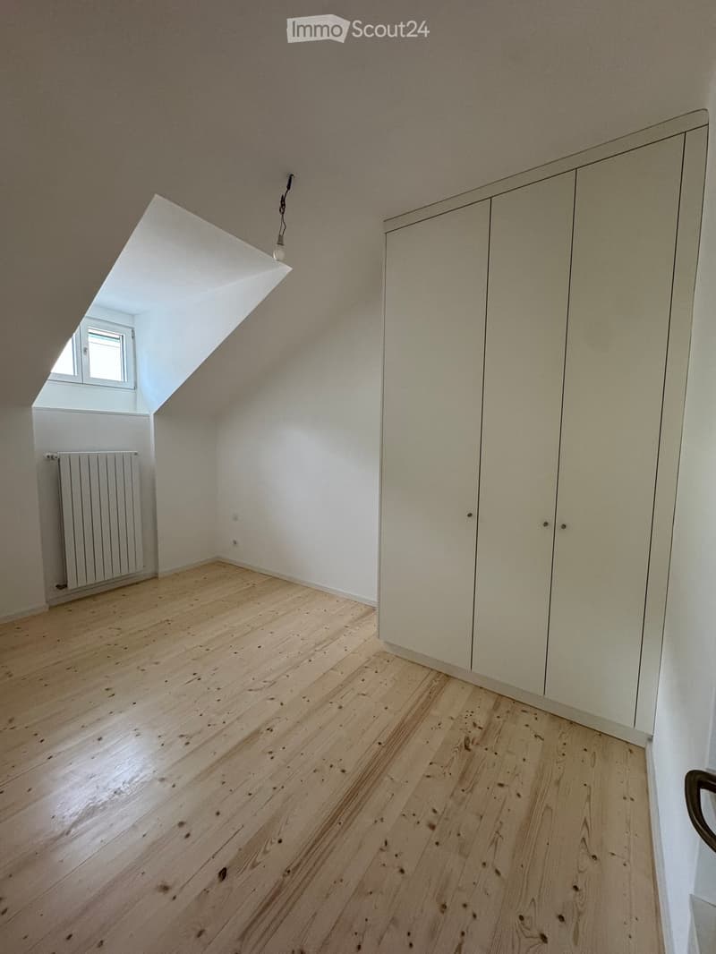 Empty attic room with wooden flooring, white walls, built-in closet, skylight window, and a radiator.