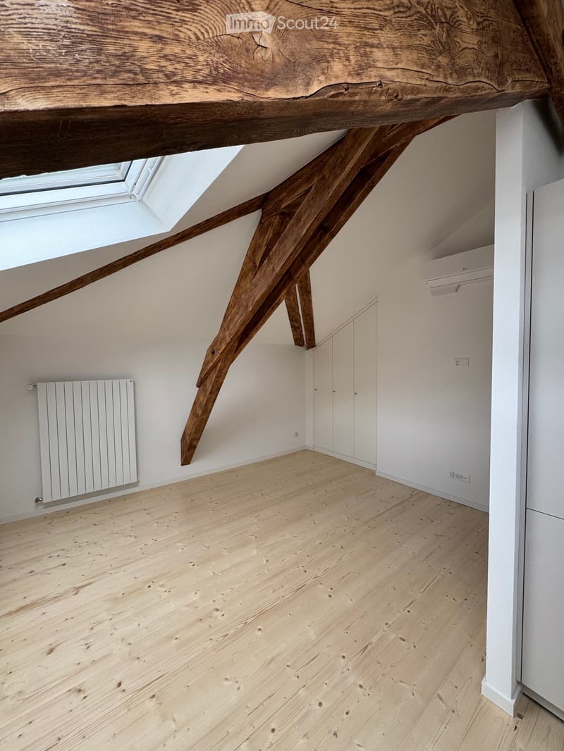 Empty attic space with exposed wooden beams, skylight window, light wooden flooring, white walls, and a radiator.