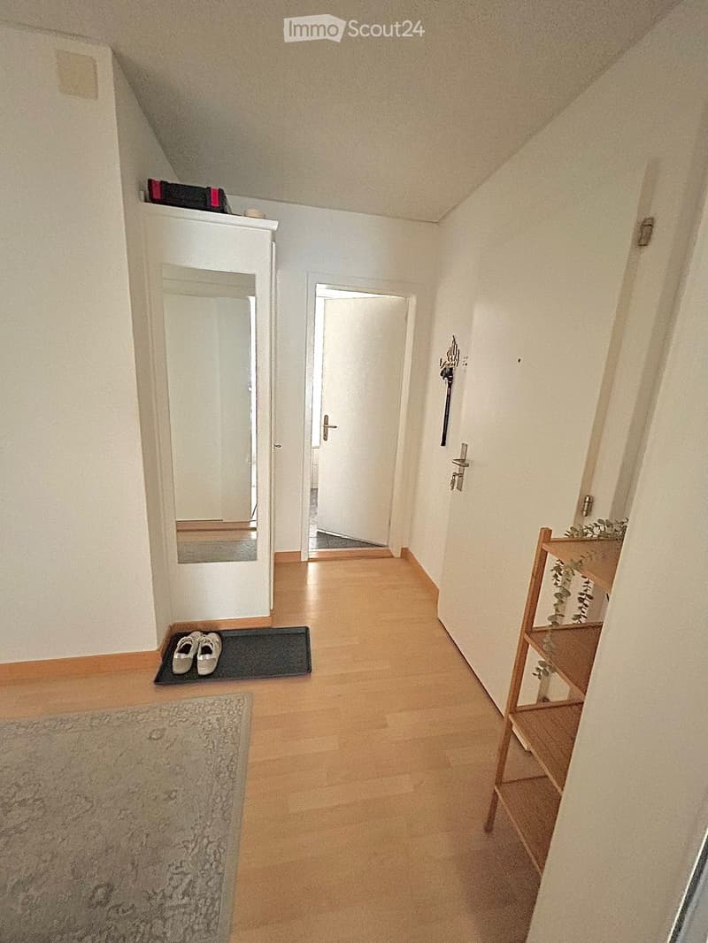A narrow hallway with wooden flooring, white walls, and a slanted ceiling. Features include a small shelf with plants, a mirror, a doormat with shoes, and a coat rack with hooks.