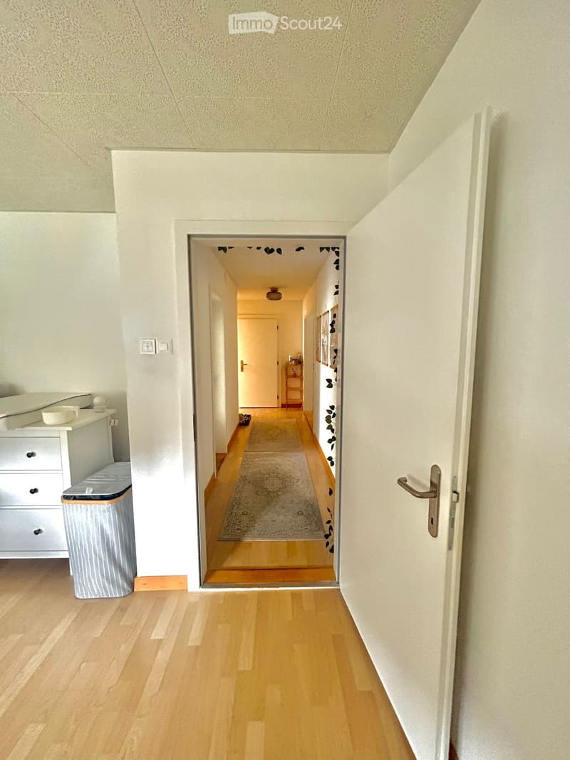 A well-lit hallway with wooden flooring, white walls, and a partially open door leading to another room. The hallway features a small rug and a small shelf visible in the background.