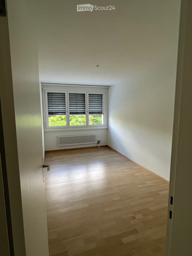 Empty room with light wooden flooring, white walls, and a window with blinds. A radiator is mounted on the wall below the window.
