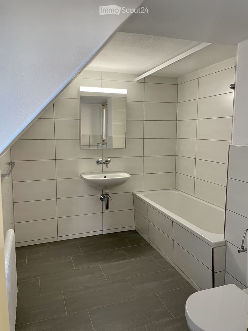 Modern bathroom with a sink, bathtub, mirror, and toilet. The walls are tiled in light gray, and the floor is made of dark gray tiles. The ceiling has a sloped design with built-in lighting.