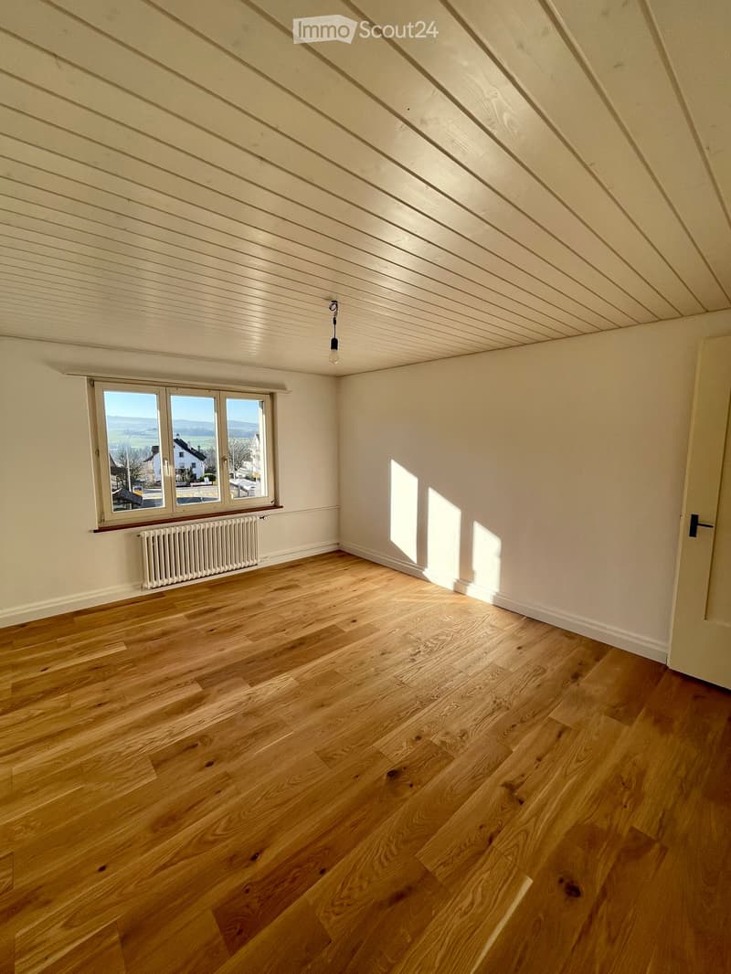 Empty room with wooden flooring, white walls, and a large window offering a view of the landscape. The room features a radiator below the window and a simple light fixture hanging from the sloped ceiling.