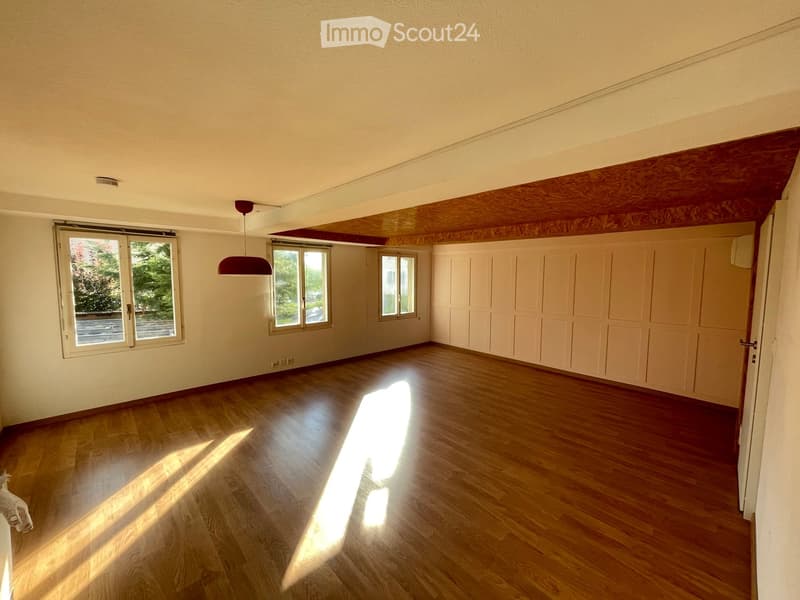 Empty room with wooden flooring, white walls, and large windows allowing natural light to enter. The ceiling features a wooden panel design.