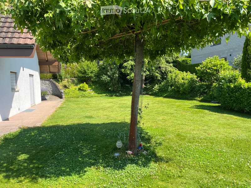 Well-maintained garden with a large tree, neatly trimmed grass, a paved pathway, and surrounding greenery.
