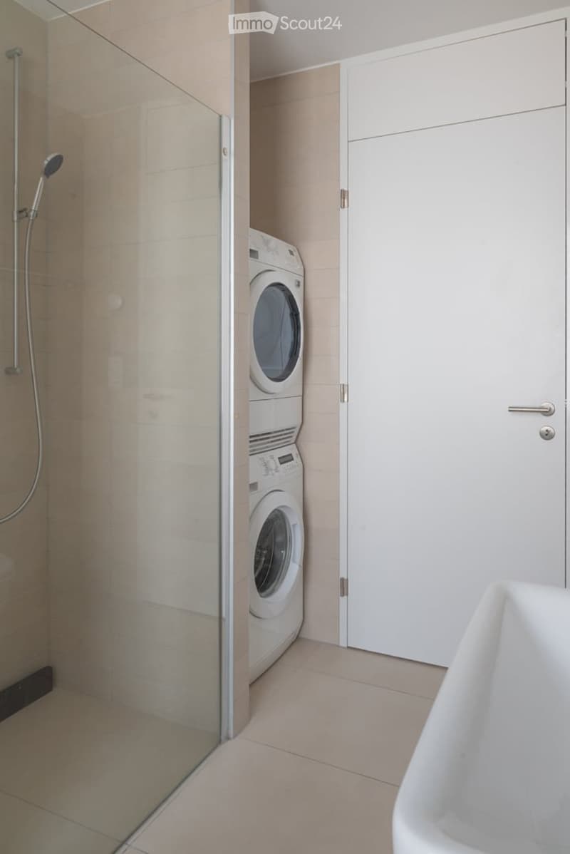 Modern bathroom with a glass-enclosed shower, a stacked washer/dryer unit, and a white sink.