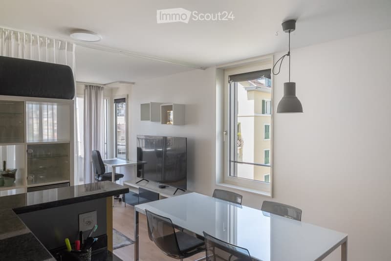 Modern, open-plan living and dining area with a sofa, coffee table, dining table with chairs, television, and a small kitchen area with cabinets and a countertop.