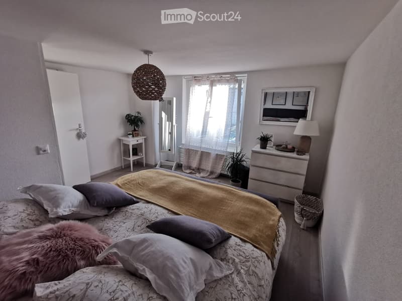 Cozy bedroom with a large bed, patterned duvet, decorative pillows, a fur throw, a nightstand with a lamp, a mirror, and small plants.