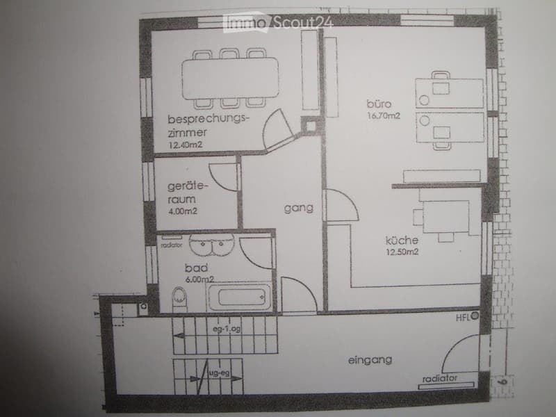 Floor plan showing a meeting room, office, kitchen, bathroom, hallway, and entrance area with labeled dimensions.