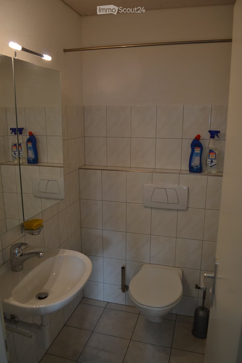 small bathroom with white tiles, white sink, white toilet, mirror, cleaning products