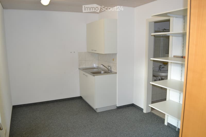 small kitchen with sink, cabinets, and shelves
