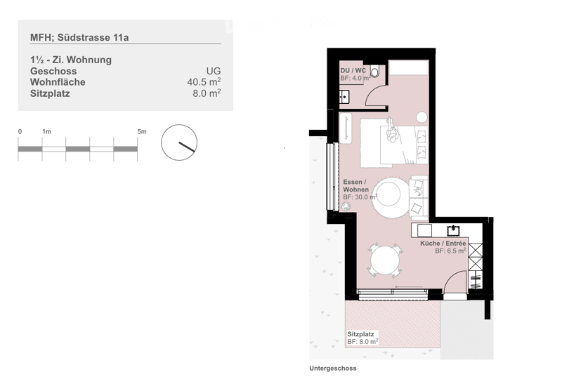 Floor plan of a 1.5-room apartment in an MHF building, including a living/dining area, kitchen, bedroom, bathroom, and a seating area.