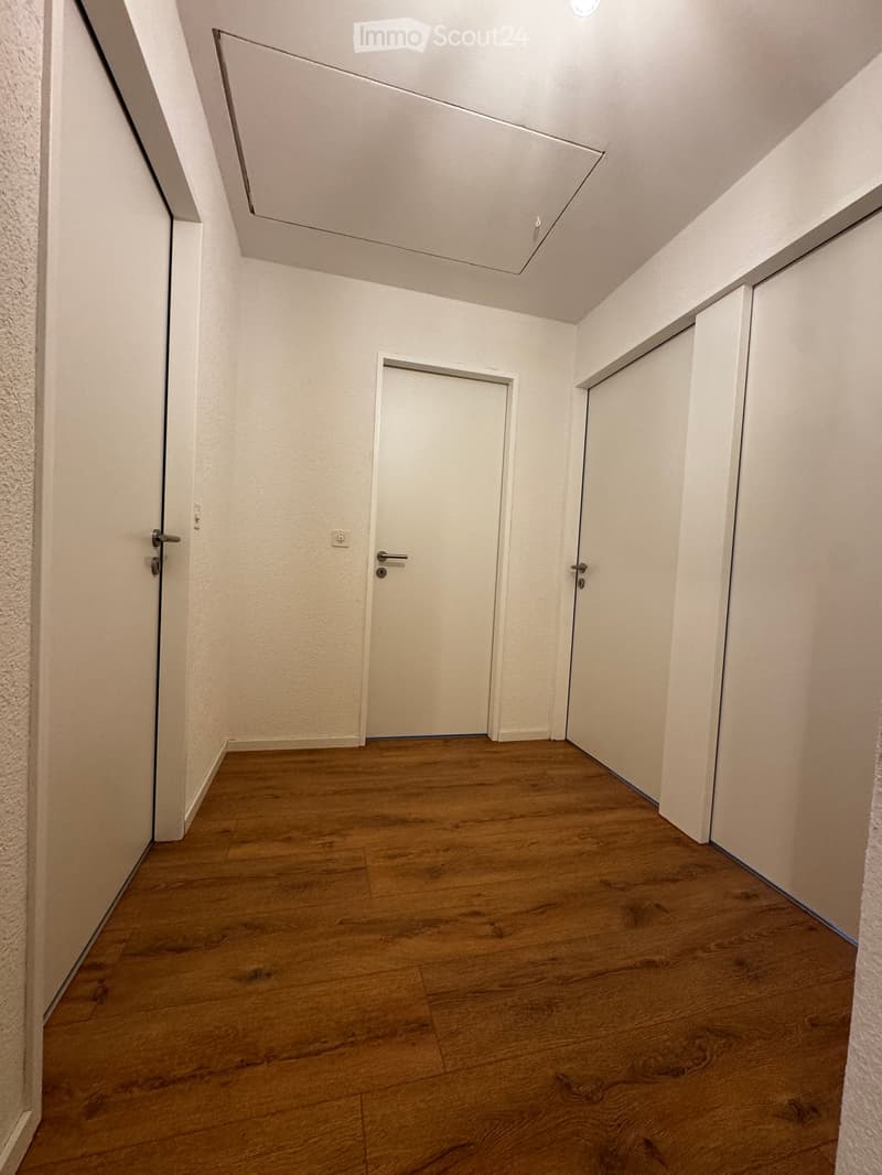 Empty hallway with wooden flooring, white walls, and two closed doors.