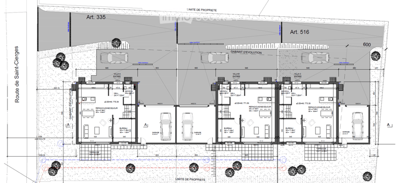 Floor plan of three villas (A, B, C) with labeled rooms including hall, kitchen, office, garage, and terrace. Each villa has a separate entrance and parking area.