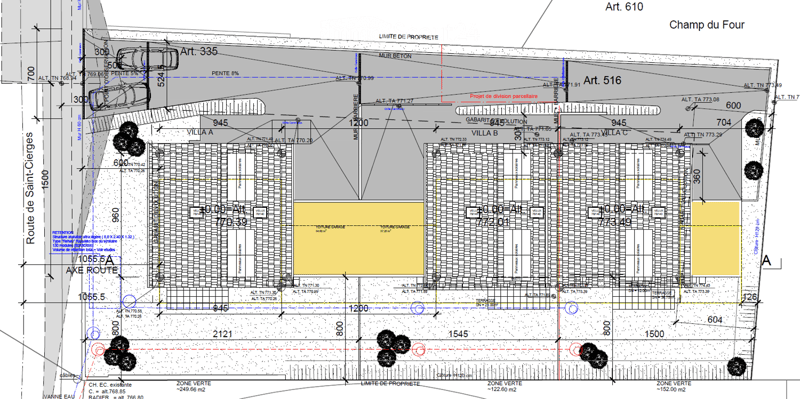 Floor plan of a property division project showing three villas (A, B, C) and surrounding land plots with measurements, property boundaries, and zoning details.