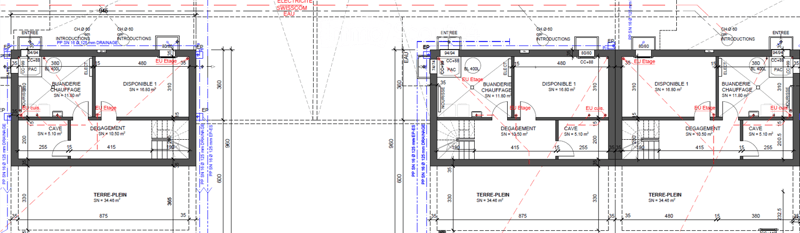 Floor plan of a multi-level building showing various rooms and areas including entrance, heating room, available space, basement, ground floor, and utility areas.