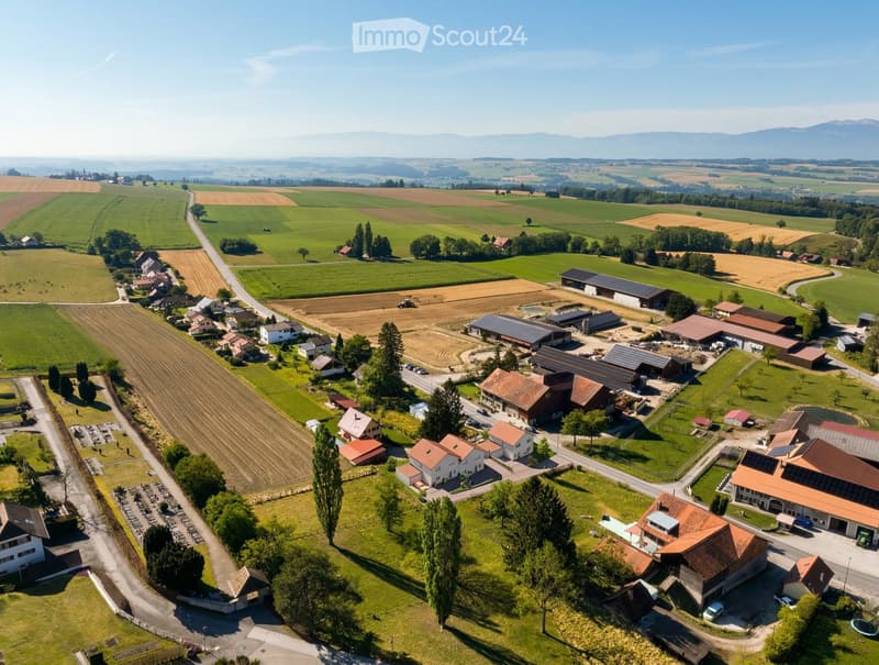 Aerial view of a rural village with houses, farms, fields, and a cemetery, surrounded by green landscapes and distant mountains.