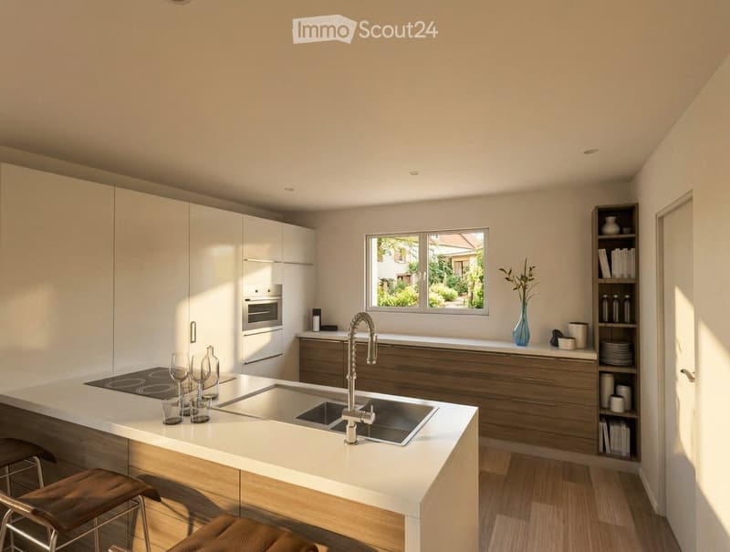Modern kitchen with white cabinets, wooden accents, island with sink and faucet, built-in oven, and bar stools.